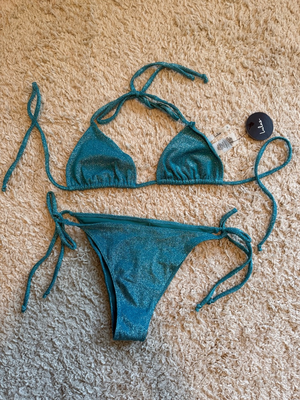 NWT Lulus Metallic Teal Triangle Tie-Side Bikini Set Size Medium